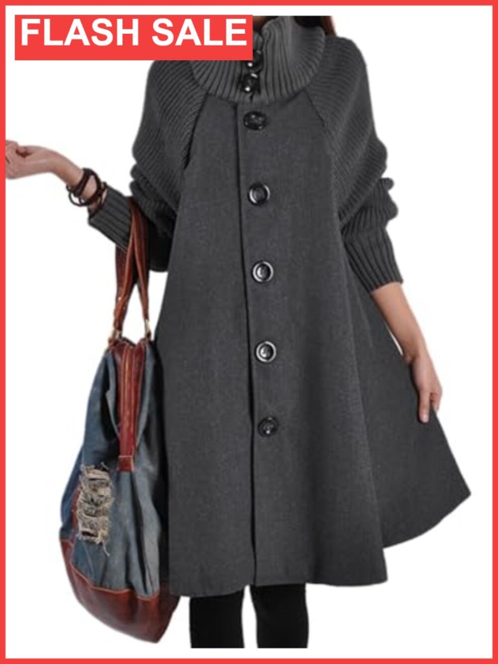 Wool Blend Button Down Cowl High Neck A-Line Cloak Coat